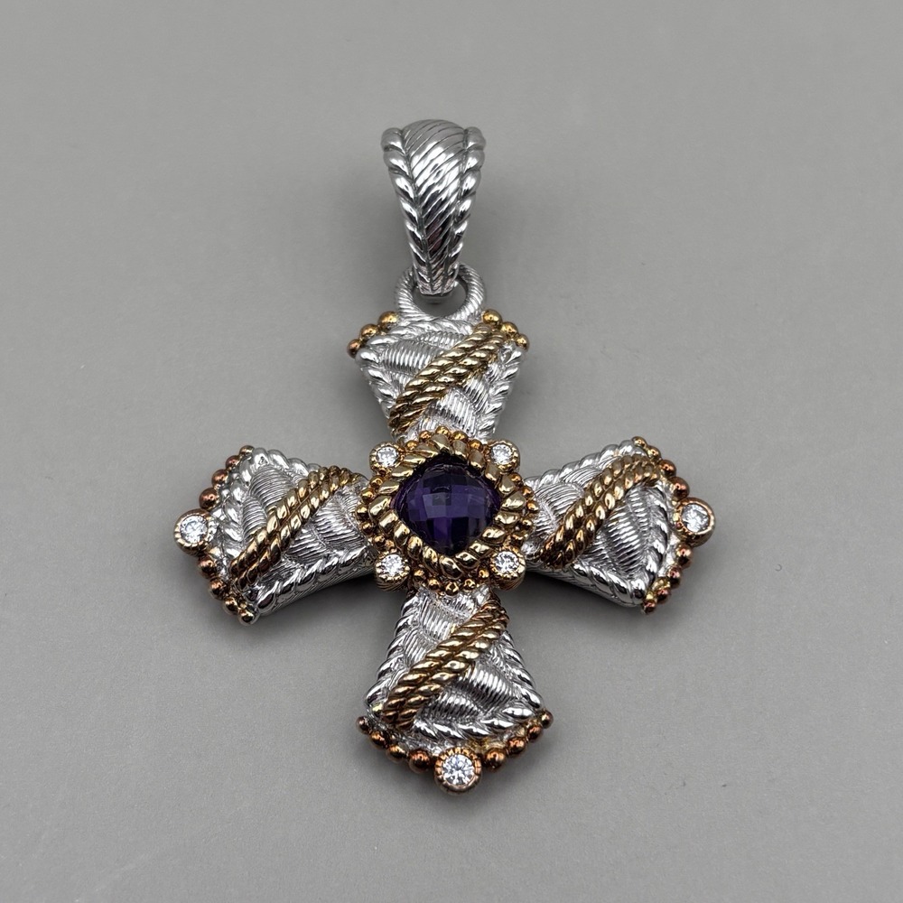 Judith Ripka Maltese Cross Pendant Sterling Silver Purple Amethyst Two Tone